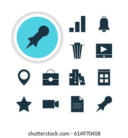 Vector Illustration Of 12 Internet Icons. Editable Pack Of Bookmark, Thumbtack, Map Pointer And Other Elements.