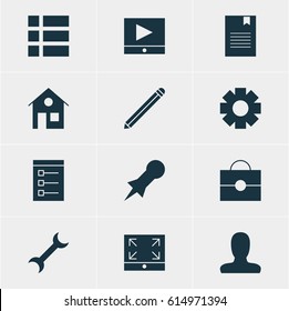 Vector Illustration Of 12 Internet Icons. Editable Pack Of Portfolio, Pen, Settings And Other Elements.
