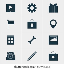 Vector Illustration Of 12 Internet Icons. Editable Pack Of Messages, Map Pointer, Gear And Other Elements.