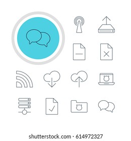 Vector Illustration Of 12 Internet Icons. Editable Pack Of Wireless Network, Secure Laptop, Removing File And Other Elements.