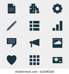 Vector Illustration Of 12 Internet Icons. Editable Pack Of Love, Gear, Landscape Photo Elements.