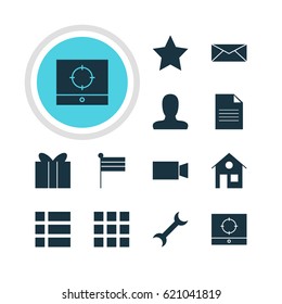 Vector Illustration Of 12 Internet Icons. Editable Pack Of Grid, Target Scope, List And Other Elements.