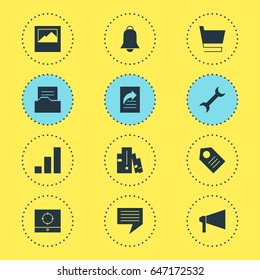Vector Illustration Of 12 Internet Icons. Editable Pack Of Landscape Photo, Notification , Target Scope Elements.