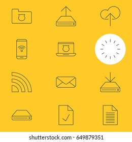 Vector Illustration Of 12 Internet Icons. Editable Pack Of Information Load, Checked Note, Hdd Sync And Other Elements.