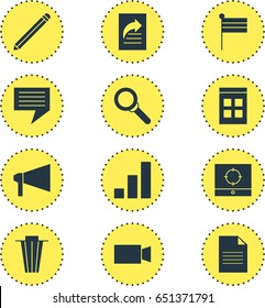 Vector Illustration Of 12 Internet Icons. Editable Pack Of Pen, Target Scope, Trash And Other Elements.