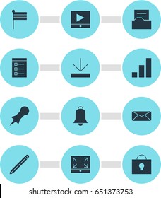 Vector Illustration Of 12 Internet Icons. Editable Pack Of Keyhole, Letter, Increase Chart And Other Elements.