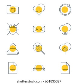 Vector Illustration Of 12 Internet Icons. Editable Pack Of Bug, Letter, Privacy Doc And Other Elements.