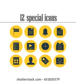 Vector Illustration Of 12 Internet Icons. Editable Pack Of Notification, Bookmark, Gift And Other Elements.