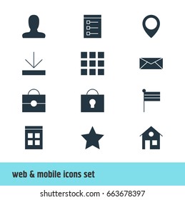 Vector Illustration Of 12 Internet Icons. Editable Pack Of Account, Letter, Date Time And Other Elements.