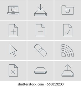 Vector Illustration Of 12 Internet Icons. Editable Pack Of Hdd Sync, Wireless Network, Privacy Doc And Other Elements.
