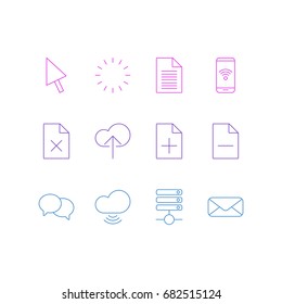 Vector Illustration Of 12 Internet Icons. Editable Pack Of Removing File, Wave, Letter And Other Elements.