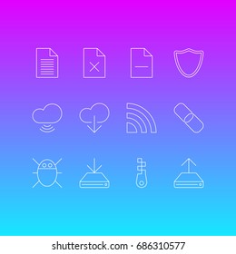 Vector Illustration Of 12 Internet Icons. Editable Pack Of Safeguard, Computer Virus, Delete Data And Other Elements.