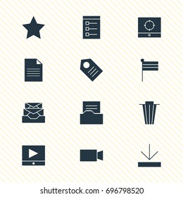 Vector Illustration Of 12 Internet Icons. Editable Pack Of Play Button, Document Directory, Target Scope And Other Elements.