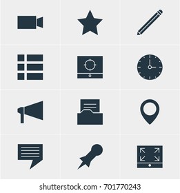 Vector Illustration Of 12 Internet Icons. Editable Pack Of Maximize, Video Camera, Thumbtack And Other Elements.