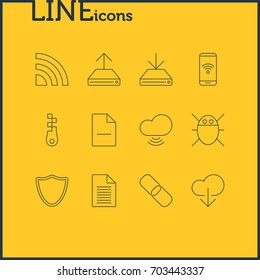 Vector Illustration Of 12 Internet Icons. Editable Pack Of Computer Virus, Wireless Network, Removing File And Other Elements.