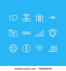 Vector Illustration Of 12 Internet Outline Icons. Editable Set Of Wave, Cable, Cloud Storage And Other Elements.