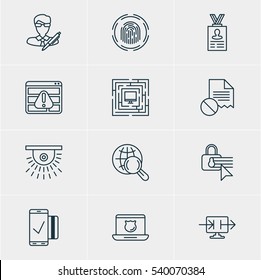 Vector Illustration Of 12 Internet Security Icons. Editable Pack Of Internet Surfing, Finger Identifier, Browser Warning And Other Elements.