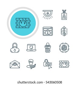 Vector Illustration Of 12 Internet Security Icons. Editable Pack Of Corrupted Mail, Network Protection, Account Data And Other Elements.