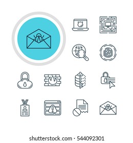 Vector Illustration Of 12 Internet Security Icons. Editable Pack Of Data Security, Safe Storage, Finger Identifier And Other Elements.