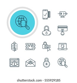 Vector Illustration Of 12 Internet Security Icons. Editable Pack Of Safety Key, Corrupted Mail, Internet Surfing And Other Elements.