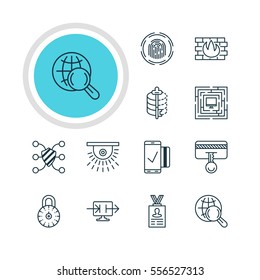 Vector Illustration Of 12 Internet Security Icons. Editable Pack Of Finger Identifier, Safety Key, Safe Lock And Other Elements.