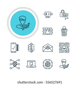 Vector Illustration Of 12 Internet Security Icons. Editable Pack Of Finger Identifier, Network Protection, Encoder And Other Elements.