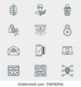 Vector Illustration Of 12 Internet Security Icons. Editable Pack Of Safe Lock, Key Collection, Browser Warning And Other Elements.
