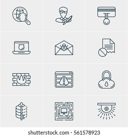 Vector Illustration Of 12 Internet Security Icons. Editable Pack Of Browser Warning, Data Security, Encoder And Other Elements.