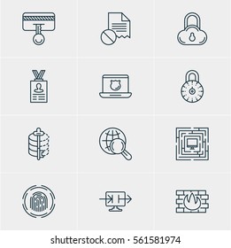 Vector Illustration Of 12 Internet Security Icons. Editable Pack Of Safe Storage, Safe Lock, Internet Surfing And Other Elements.