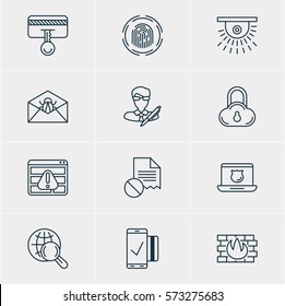 Vector Illustration Of 12 Internet Security Icons. Editable Pack Of Safe Storage, Camera, Finger Identifier And Other Elements.