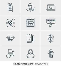 Vector Illustration Of 12 Internet Security Icons. Editable Pack Of Safeguard, Copyright, Send Information And Other Elements.