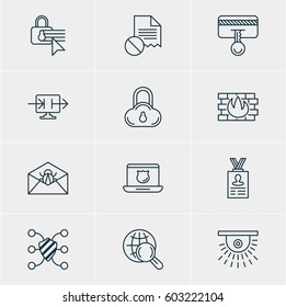Vector Illustration Of 12 Internet Security Icons. Editable Pack Of Internet Surfing, Account Data, Confidentiality Options And Other Elements.
