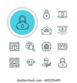 Vector Illustration Of 12 Internet Security Icons. Editable Pack Of Data Security, Copyright, Finger Identifier And Other Elements.
