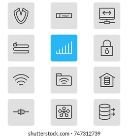 Vector Illustration Of 12 Internet; Web Icons. Editable Pack Of Strong, Wave, Wire And Other Elements.