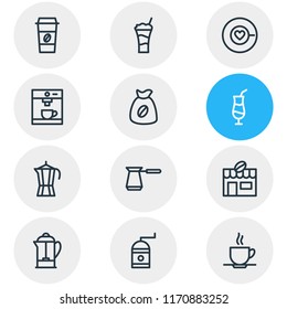 Vector illustration of 12 java icons line style. Editable set of latte, sack, mocha grinder and other icon elements.
