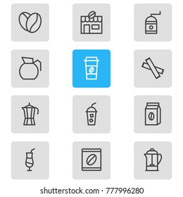 Vector illustration of 12 java icons line style. Editable set of decanter, seed, coffeemaker and other elements.
