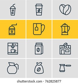 Vector Illustration Of 12 Java Outline Icons. Editable Set Of Soft Beverage, Coffee To Go, Turkish And Other Elements.