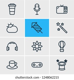 Vector illustration of 12 joy icons line style. Editable set of airship, magic wand, tv icon elements.