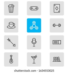 Vector illustration of 12 joy icons line style. Editable set of microphone, arrow, popcorn and other icon elements.