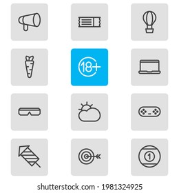 Vector illustration of 12 joy icons line style. Editable set of billiard, sun, carrot and other icon elements.