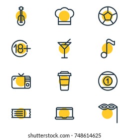Vector Illustration Of 12 Joy Icons. Editable Pack Of Soccer, Plastic Cup, Masquerade And Other Elements.