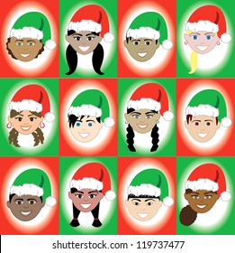Vector Illustration of 12 kids of different ethnic backgrounds for the Holidays.