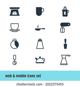 Vector illustration of 12 kitchenware icons. Editable set of skillet, pot, salt cellar and other icon elements.