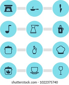 Vector illustration of 12 kitchenware icons. Editable set of decanter, cooking hat, squeezer and other icon elements.