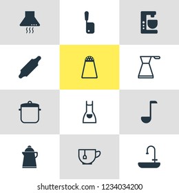 Vector illustration of 12 kitchenware icons. Editable set of kitchen hood, salt cellar, sink and other icon elements.