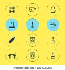 Vector illustration of 12 kitchenware icons. Editable set of dining table, apron, spatula and other icon elements.