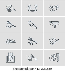 Vector illustration of 12 kitchenware icons line style. Editable set of knife set, mincing knife, turner and other icon elements.