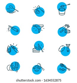 Vector illustration of 12 kitchenware icons line style. Editable set of vegetable peeler, meat tenderizer, zester and other icon elements.