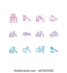 Vector illustration of 12 kitchenware icons line style. Editable set of turner, garlic press, potato masher and other icon elements.