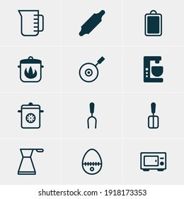 Vector illustration of 12 kitchenware icons. Editable set of rolling pin, multicooker, pot and other icon elements.